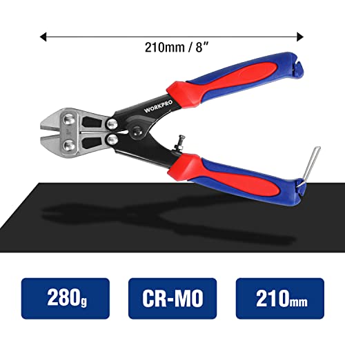 WORKPRO Cortador de Pernos 8" CR-MO Mini Cortador de Alambre, Cable para Trabajo Pesado, Cizallas Cortadora de Resorte con Mango Antideslizante, 210 mm