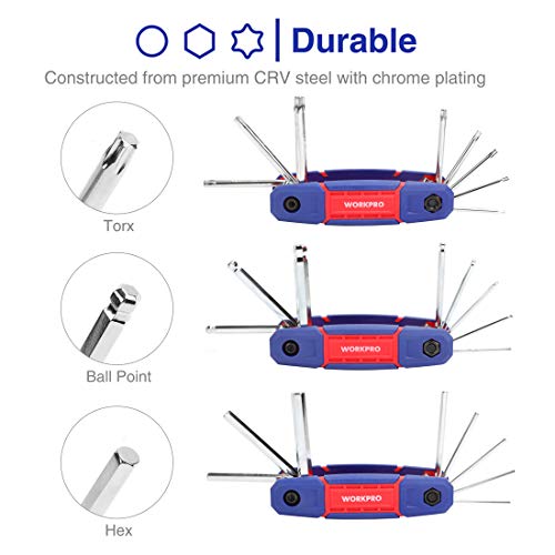 WORKPRO Juego de Llaves Hexagonales Portátiles Cr-V de 24 Piezas, Llave Hex de Buen Ajuste con Cabeza Plana, Esférica, Torx para Reparación y Montaje