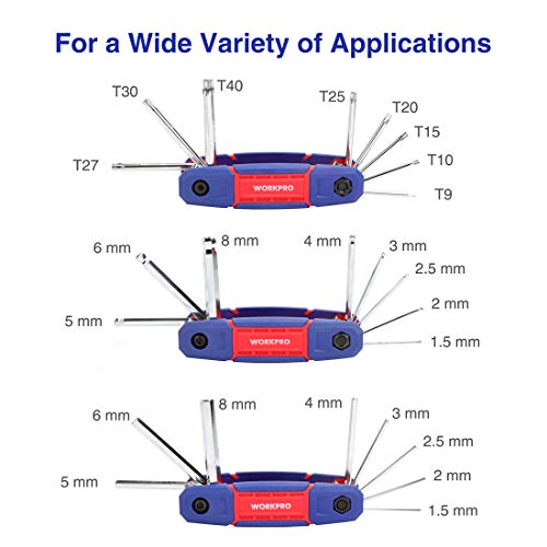 WORKPRO Juego de Llaves Hexagonales Portátiles Cr-V de 24 Piezas, Llave Hex de Buen Ajuste con Cabeza Plana, Esférica, Torx para Reparación y Montaje