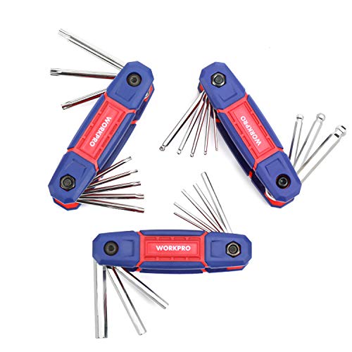 WORKPRO Juego de Llaves Hexagonales Portátiles Cr-V de 24 Piezas, Llave Hex de Buen Ajuste con Cabeza Plana, Esférica, Torx para Reparación y Montaje