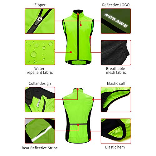 WOSAWE Chaleco de ciclismo para hombre Ligero y transpirable al aire libre Correr sin mangas Chaquetas de ocio Ropa deportiva(Verde L)