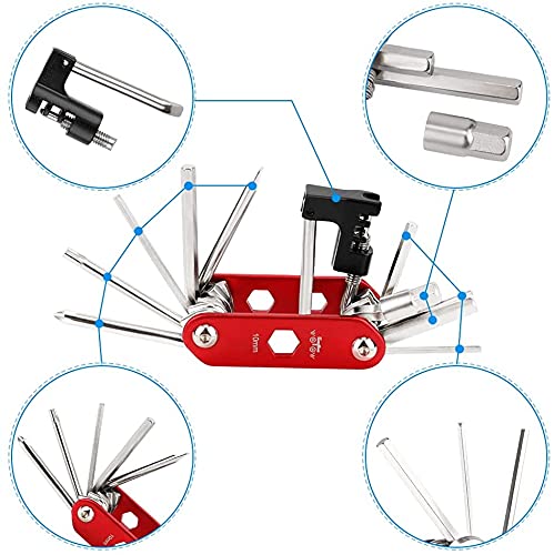 WOTOW 16 en 1 multi-función para bicicleta Kit de herramientas de reparación llave Allen con 3 piezas neumático barretas varillas, 14 in 1 tool red