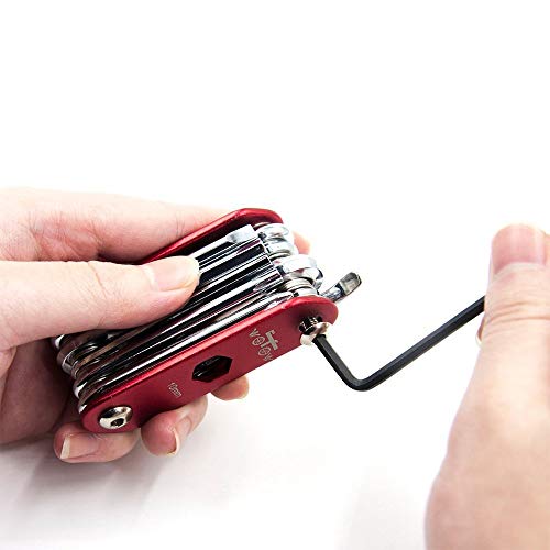 WOTOW 16 en 1 multi-función para bicicleta Kit de herramientas de reparación llave Allen con 3 piezas neumático barretas varillas, 14 in 1 tool red