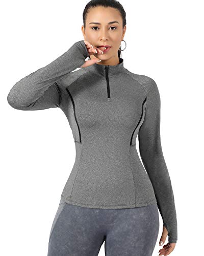 WOWENY Top de Running Ligero con Cremallera de 1/4 para Mujer, Camisetas de Manga Larga con protección Solar UPF 50+, Camisetas de Senderismo al Aire Libre para Ciclismo (Gris, M)