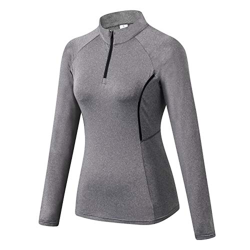 WOWENY Top de Running Ligero con Cremallera de 1/4 para Mujer, Camisetas de Manga Larga con protección Solar UPF 50+, Camisetas de Senderismo al Aire Libre para Ciclismo (Gris, M)