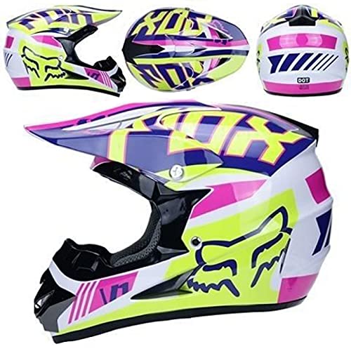 WVW Casco de Moto, Casco de Motocross para Niños de 5~16 Años con Diseño Fox Casco Integral MTB Adulto con Carcasa ABS/Ventilación Porosa/Cierre Rápido/Forro Desmontable - TGF-01 - Blanco Rosa,S