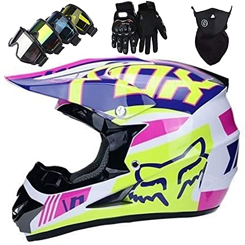 WVW Casco de Moto, Casco de Motocross para Niños de 5~16 Años con Diseño Fox Casco Integral MTB Adulto con Carcasa ABS/Ventilación Porosa/Cierre Rápido/Forro Desmontable - TGF-01 - Blanco Rosa,S