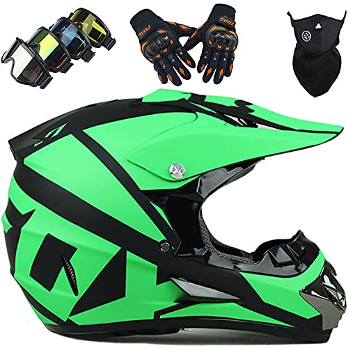 WVW Casco Moto Infantil, Casco Motocross Niño 5~12 Años con Diseño Fox Casco Cross Integral Unisex para Descenso Enduro MTB Quad BMX Bicicleta - ECE Homologado - TGF-01 - Verde,XL