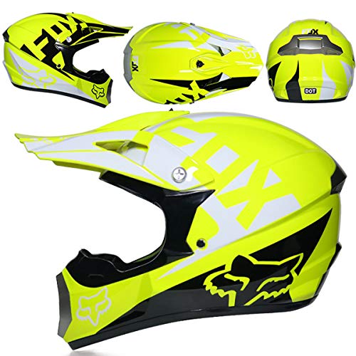 WVW Casco Motocross Niño 5~12 Años ECE Homologado Casco Moto Cross Integral Unisex para Descenso Enduro MTB Quad BMX Bicicleta (Gafas Máscara Guantes) - con Diseño Fox - TGF-01 - Amarillo,S