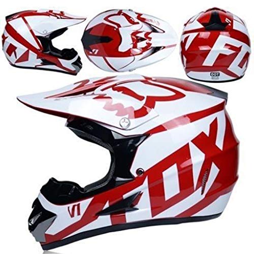 WVW Casco Motocross Niño 5~12 Años ECE Homologado Casco Moto Cross Integral Unisex para Descenso Enduro MTB Quad BMX Bicicleta (Gafas Máscara Guantes) - con Diseño Fox - TGF-01 - Blanco Rojo,L