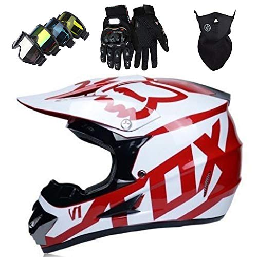 WVW Casco Motocross Niño 5~12 Años ECE Homologado Casco Moto Cross Integral Unisex para Descenso Enduro MTB Quad BMX Bicicleta (Gafas Máscara Guantes) - con Diseño Fox - TGF-01 - Blanco Rojo,L