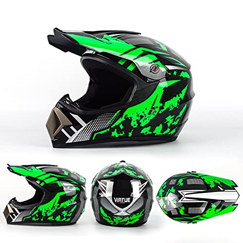 WVW Casco Motocross Niño Dot/ECE Homologado Casco de Moto para Niños Downhill.Casco de MTB de Integrales Adultos Cascos de Cross de Moto Set con Gafas/Máscara/Guantes - Negro Verde,L