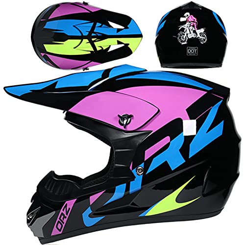 WVW Casco Motocross Niños, Casco MTB Integral Niños Jóvenes y Adultos Casco de la Locomotora de la Moto Todoterreno de la Bici de la Suciedad con Gafas Guantes Máscara - Dot/ECE - Morado,L