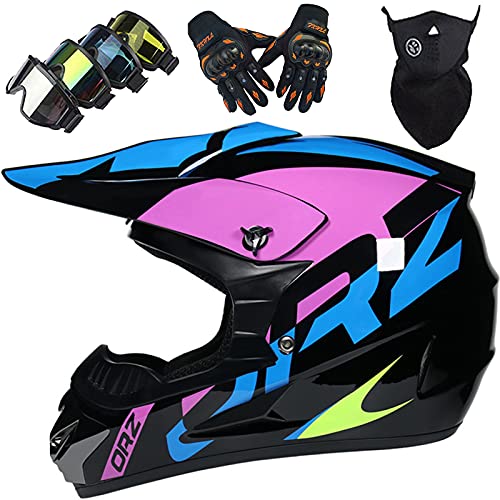 WVW Casco Motocross Niños, Casco MTB Integral Niños Jóvenes y Adultos Casco de la Locomotora de la Moto Todoterreno de la Bici de la Suciedad con Gafas Guantes Máscara - Dot/ECE - Morado,L