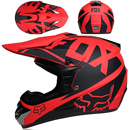 WVW Cascos Infantiles Moto, Casco Motocross Niño 5~12 Años - ECE Homologado (Gafas Guantes Máscara) Casco Integral Adulto para MTB Descenso Enduro Quad Bicicleta - con Diseño Fox - Negro Rojo,M