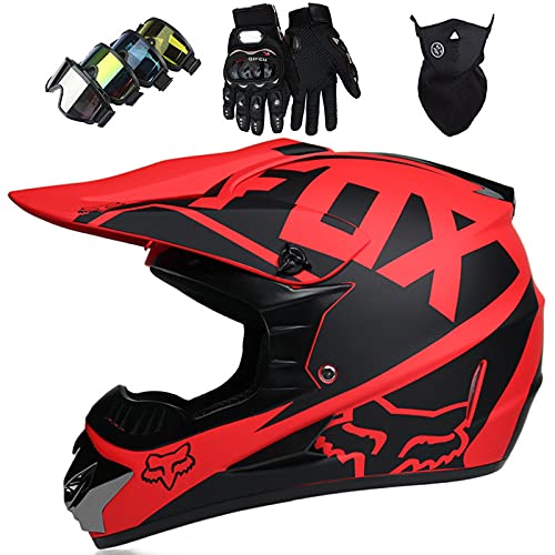 WVW Cascos Infantiles Moto, Casco Motocross Niño 5~12 Años - ECE Homologado (Gafas Guantes Máscara) Casco Integral Adulto para MTB Descenso Enduro Quad Bicicleta - con Diseño Fox - Negro Rojo,M