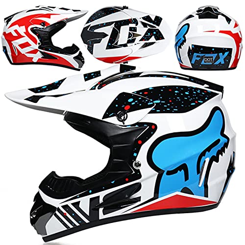 WVW Cascos Moto Motocross Niño 5~16 Años con Gafas Guantes Homologado ECE/Dot Cascos de Cross Integral MTB Downhill Bicicleta para Mujeres y Hombres - con Diseño Fox - TGF-01 - Blanco Azul,M