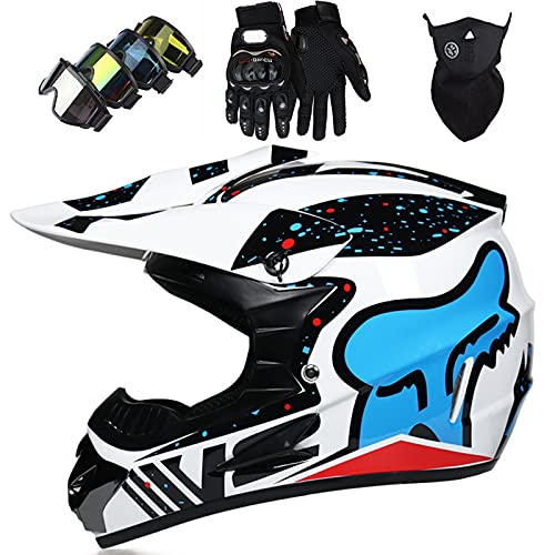 WVW Cascos Moto Motocross Niño 5~16 Años con Gafas Guantes Homologado ECE/Dot Cascos de Cross Integral MTB Downhill Bicicleta para Mujeres y Hombres - con Diseño Fox - TGF-01 - Blanco Azul,M