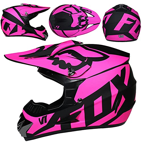 WVW Cascos Motocross, Casco Moto Niño 5~16 Años con Gafas Guantes Cascos de Cross Integral Infantil y Adultos para MTB Downhill Quad Bike Homologado ECE/Dot - con Diseño Fox - TGF-01 - Rosado,M