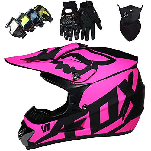 WVW Cascos Motocross, Casco Moto Niño 5~16 Años con Gafas Guantes Cascos de Cross Integral Infantil y Adultos para MTB Downhill Quad Bike Homologado ECE/Dot - con Diseño Fox - TGF-01 - Rosado,M