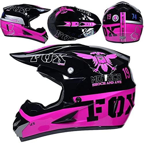 WVW Cascos Motocross Niños, Casco de Moto para Niños de 5~16 Años Downhill Enduro con Diseño Fox Set de Casco Cross Infantil Casco Integral MTB para Mujer Hombre Adultos - TGF-01 - Negro Rosado,XL