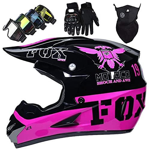 WVW Cascos Motocross Niños, Casco de Moto para Niños de 5~16 Años Downhill Enduro con Diseño Fox Set de Casco Cross Infantil Casco Integral MTB para Mujer Hombre Adultos - TGF-01 - Negro Rosado,XL