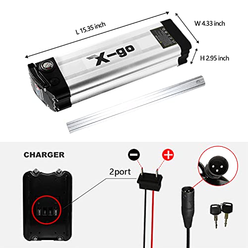 X-go Batería de ion de litio Silver Fish de 36 V y 10 Ah, con cargador para bicicletas eléctricas de 200 W, 35 W, 500 W y motores Pedelec (36 V, 10 Ah, 2 pines)