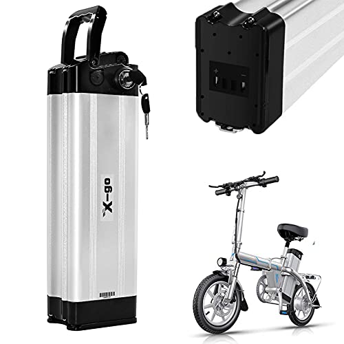 X-go Batería de ion de litio Silver Fish de 36 V y 10 Ah, con cargador para bicicletas eléctricas de 200 W, 35 W, 500 W y motores Pedelec (36 V, 10 Ah, 2 pines)
