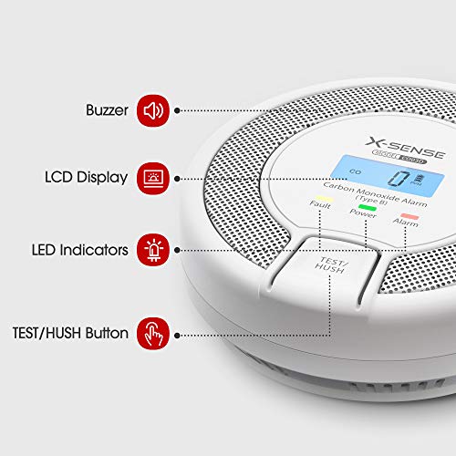 X-Sense Detector de CO con Pantalla Digital, Detector de monóxido de Carbono, con una Vida útil de 10 años, batería reemplazable, Certificado BSI según EN 50291, CO03D (1 Pieza)