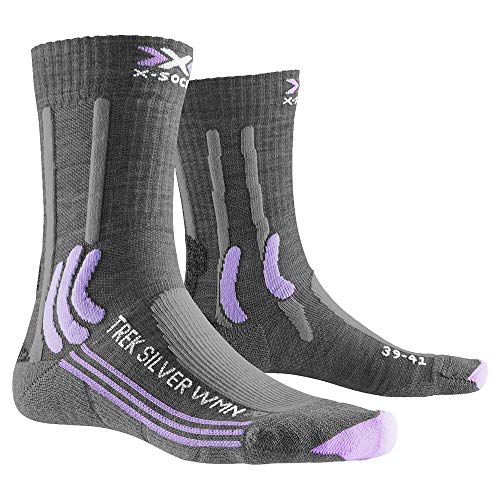 X-Socks Trek Silver Woman Socks Calcetines De Senderismo Trekking Mujer Socks Calcetines, Mujer, Grey Melange / Bright Lavender, 37/38