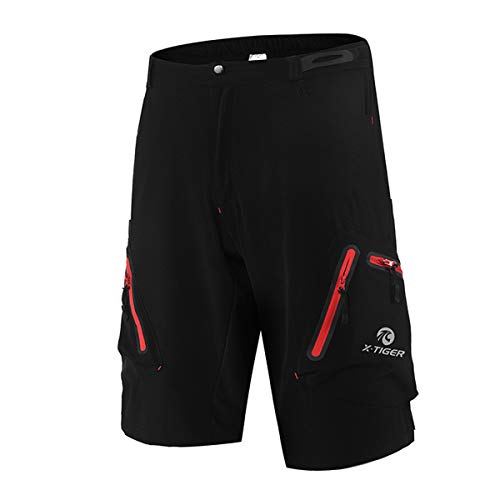 X-TIGER Pantalones Cortos de Montaña Ciclo Holgados de Hombres, Transpirables Sueltos, para MTB de los Deportes al Aire Libre (XL, Negro y Rojo)