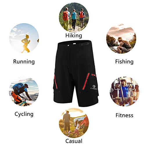 X-TIGER Pantalones Cortos de Montaña Ciclo Holgados de Hombres, Transpirables Sueltos, para MTB de los Deportes al Aire Libre (XXL, Negro y Rojo)
