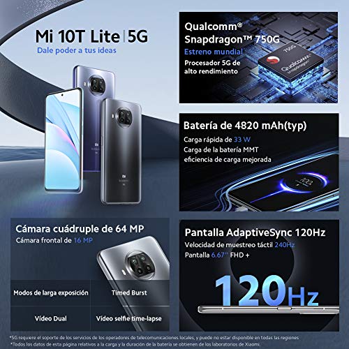 Xiaomi Mi 10T Lite 5G - Smartphone 6+128GB, 6,67"" FHD+ DotDisplay, Snapdragon 750G, Cámara cuádruple de 64 MP con IA, 4820 mAh, Azul Atlántico (Versión oficial), con Alexa Hands-Free