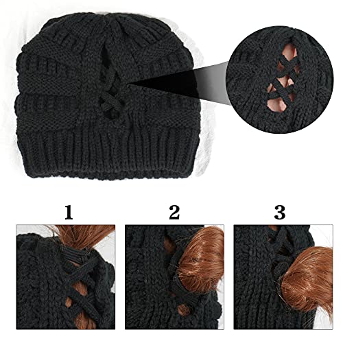 Xinveen Gorro de punto para mujer con abertura cruzada cálido y suave gorro de calavera, Negro, Talla única