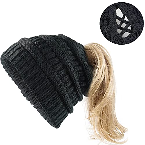 Xinveen Gorro de punto para mujer con abertura cruzada cálido y suave gorro de calavera, Negro, Talla única