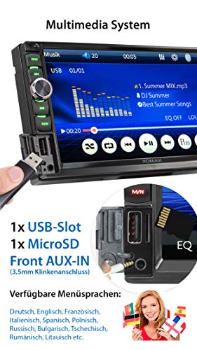 XOMAX XM-2V782 Radio de Coche I Autoradio con Bluetooth Manos Libres I Multi Colores de LED I 7" 18 cm Pantalla táctil I Mirroring de la Pantalla para Android I FM RDS I AUX SD USB I 2 DIN