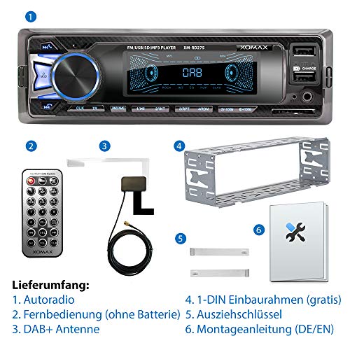 XOMAX XM-RD275 Autoradio Radio de Coche con Dab+ Radio Tuner I Bluetooth Manos Libres y música I USB y SD (128 GB por Medio) I WMA WAV I AUX-IN I DIN 1 I Marco Integrado