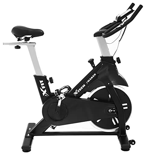 XTREM MAKER Bicicleta Spinning Estática de Fitness XBIKE ULTRA con Pantalla LCD, Asiento y Sillín Ajustables. Silenciosa, Resistencia Regulable. Volante Inercia 20 kg, Soporte Móvil y Tableta