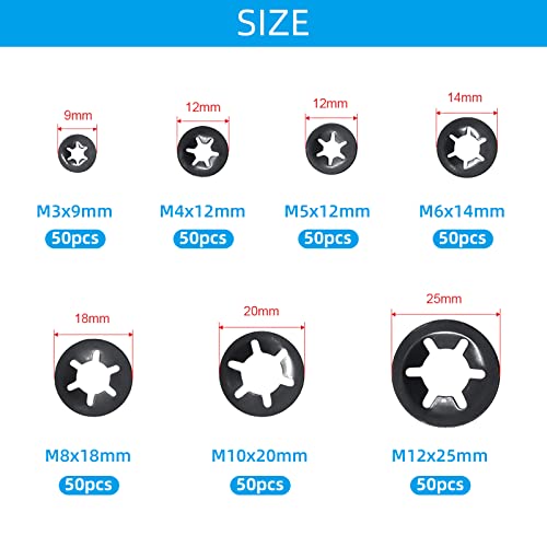 XTVTX 260 piezas Arandelas de bloqueo de estrella de dientes internos Arandelas de bloqueo de clips de velocidad a presión 65Mn Acabado de óxido negro Kit surtido para M3 M4 M5 M6 M8 M10 M12