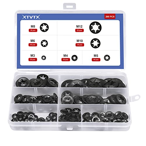 XTVTX 260 piezas Arandelas de bloqueo de estrella de dientes internos Arandelas de bloqueo de clips de velocidad a presión 65Mn Acabado de óxido negro Kit surtido para M3 M4 M5 M6 M8 M10 M12