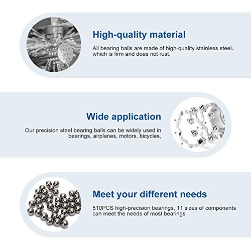 XTVTX 510 piezas Bola de acero del transporte de cromo de precisión sólida Juego de surtido de bolas de rodamiento de acero Combinación de 2 mm a 8 mm Utilizado en bicicleta
