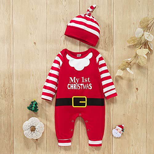 Xulahul El primer traje de Navidad para recién nacido Pelele Manga Larga Mono Jersey Pantalones rastrillos Disfraz de Papá Noel con sombrero vestidos de Navidad, rojo, 18-24 meses