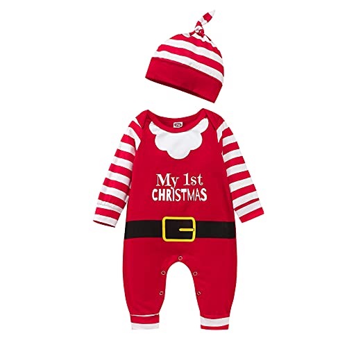 Xulahul El primer traje de Navidad para recién nacido Pelele Manga Larga Mono Jersey Pantalones rastrillos Disfraz de Papá Noel con sombrero vestidos de Navidad, rojo, 18-24 meses