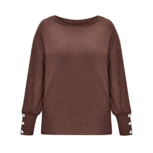 XUNN Jersey de punto grueso para mujer, cuello en V, jersey, suéter de manga larga, elegante, monocolor, cuello redondo, suelto, para otoño e invierno, marrón, S