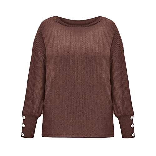 XUNN Jersey de punto grueso para mujer, cuello en V, jersey, suéter de manga larga, elegante, monocolor, cuello redondo, suelto, para otoño e invierno, marrón, S