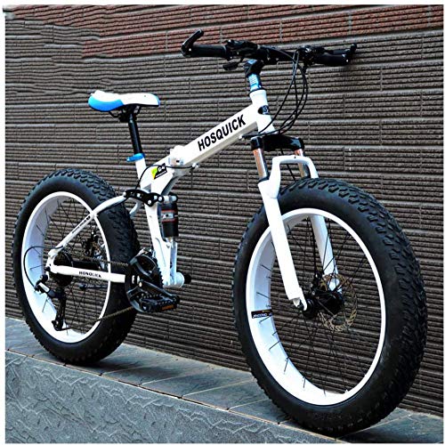 XXCZB Fat Tire Mountain Bikes 26 Pulgadas de Doble suspensión para Hombres Mujeres Adultos Plegable Mountain Trail Bike con Frenos de Disco mecánicos High Carbon Mountain Bike-21 velocidades_Blanco