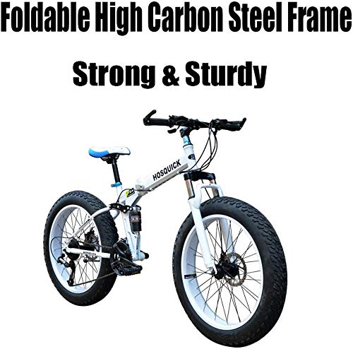 XXCZB Fat Tire Mountain Bikes 26 Pulgadas de Doble suspensión para Hombres Mujeres Adultos Plegable Mountain Trail Bike con Frenos de Disco mecánicos High Carbon Mountain Bike-21 velocidades_Blanco