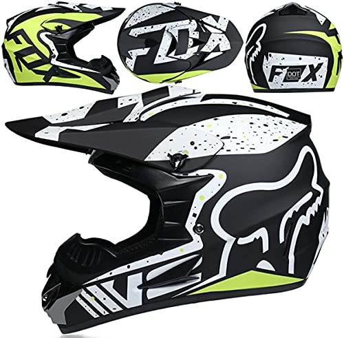 XYYMC Casco de Moto de Motocross de Integrales para Niños y Adultos Gafas + Guantes + Máscara para Scooter Eléctrico Dirt Bike MTB MX ATV con Diseño Fox - Homologado Dot, Negro Mate (L)