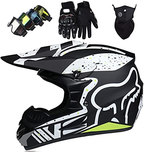 XYYMC Casco de Moto de Motocross de Integrales para Niños y Adultos Gafas + Guantes + Máscara para Scooter Eléctrico Dirt Bike MTB MX ATV con Diseño Fox - Homologado Dot, Negro Mate (L)