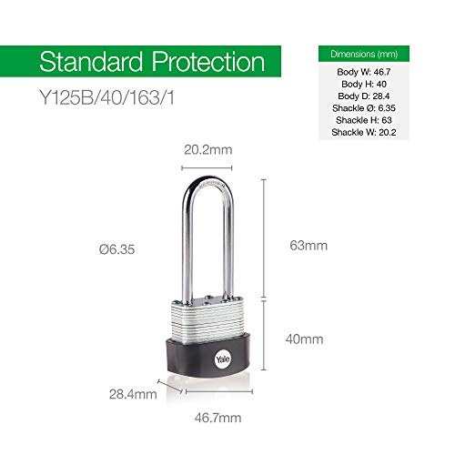 Yale Y125B/40/163/1 Candado de Alta Seguridad Laminados Extreme Resistente a la intemperie Cromado 40 mm Arco Largo Y125B